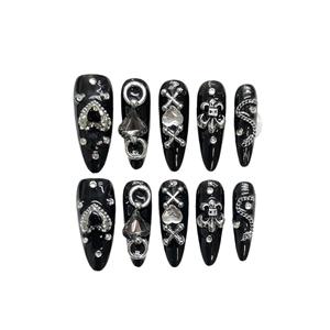 Uñas Postizas de Estilo Gótico Gyaru Hechas a Mano de Tokyo Dark <span class=keywords><strong>Glam</strong></span>, Uñas Falsas Negras de Estilo Punk con Diseños 3D - Product Image 1