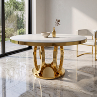 Mesa de Comedor Redonda de Acero Inoxidable con Diseño de Anillo Dorado y Tapa Blanca para Banquetes y Eventos