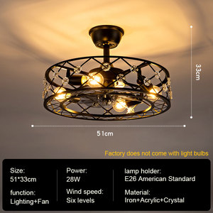 Hiện Đại Mộc mạc công nghiệp trang trại pha lê Đèn chùm không cánh Quạt đèn chùm LED lồng quạt trần từ xa cho phòng ăn - Product Image 4