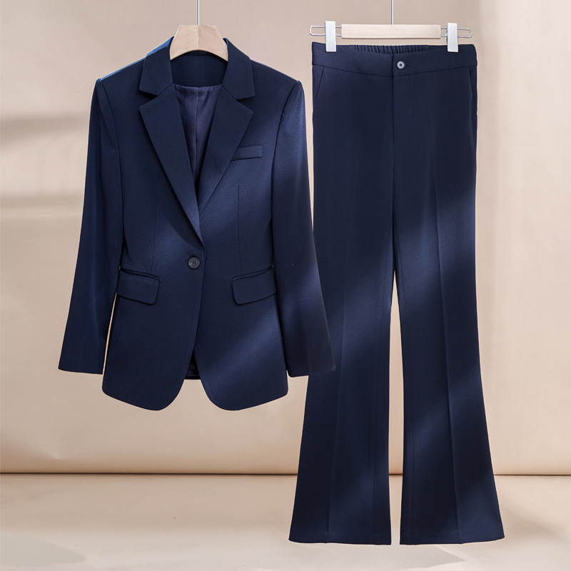 Navy blue suit with slightly flared trousers