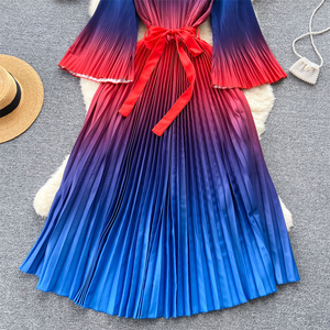 Abito a maniche lunghe girocollo personalizzato da <span class=keywords><strong>donna</strong></span> con lacci in vita che dimagrisce abito lungo <span class=keywords><strong>blu</strong></span> rosso pieghettato - Product Image 3