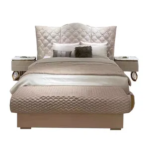 Cama de princesa de luxo premium em couro de luxo, mobília king size, cama de ninfa dupla, cama de luxo creme suave para villa