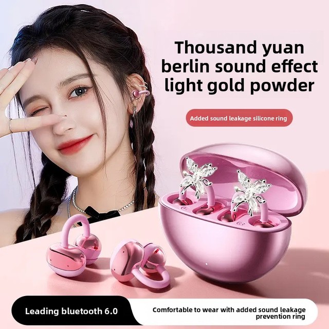 Clip-on Earbuds Wireless Bt 6.0 Open Ear Headphones with Detachable Crystal Bowknot Earrings, for Sports, Fitness & Workouts