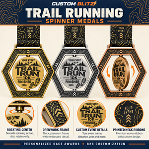 Medallas Personalizadas para Corredores de Trail Running con Marcos Hexagonales Calados para Finalistas de Carreras en Oro, Plata y Bronce con Cintas Impresas - Product Image 4