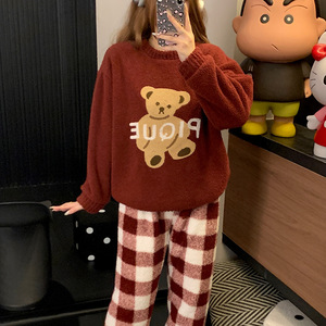 柔软保暖珊瑚绒保暖圣诞睡衣女式弹力腰红色纯色家居服休闲服套装秋季春季 - Product Image 1