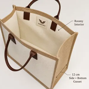 Sac de courses en toile de jute naturelle personnalisé OEM en gros avec poignée en cuir PU durable pour usage quotidien - Product Image 2