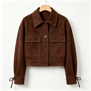 Veste personnalisée pour <span class=keywords><strong>femme</strong></span>, style vintage, en faux daim, avec poches à rabat, manteau court, style bohème, vêtements d'extérieur utilitaires pour le début de l'automne, OEM ODM Sehe Fashion - Product Image 4