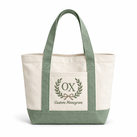 Sac fourre-tout en toile personnalisé avec broderie couronne de lauriers, vert sauge, sac à main bateau avec poche avant pour mariage, douche nuptiale, vacances