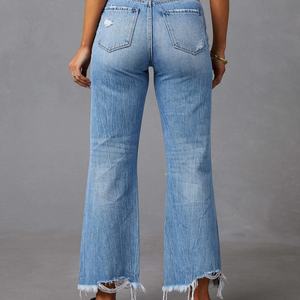 Jean décontracté pour femme style rétro OEM, coupe large, en denim déchiré avec trous personnalisés, respirant, logo cargo sur la taille, vente chaude - Product Image 2