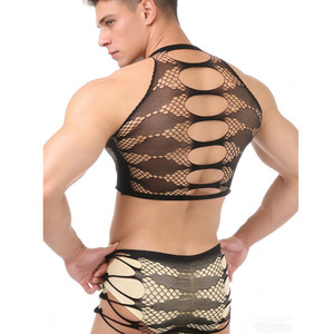 Men <b>Fishnet</b> Two Piece Lingerie Vest And Shorts Set Black Nylon Spandex Mid Rise Spring 2024 - Product Image 1