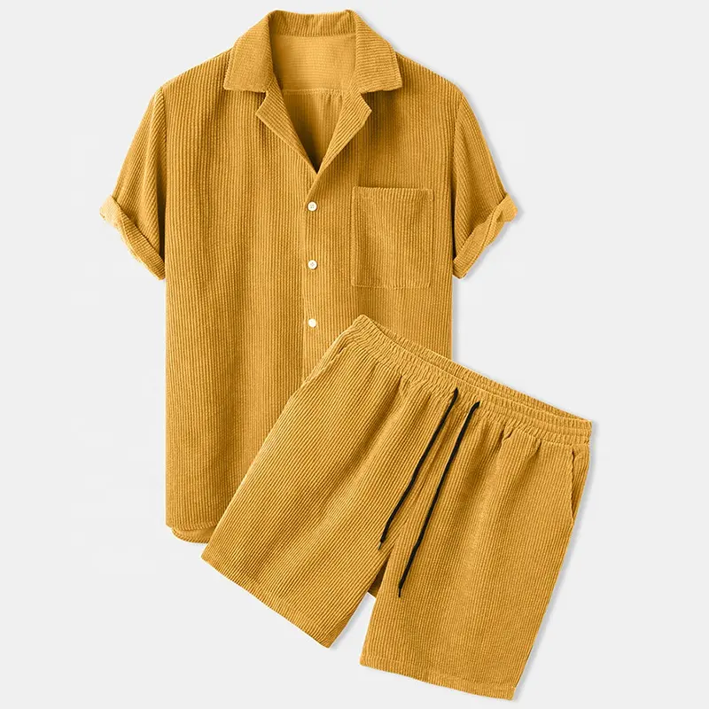 Now Summer Custom Brand High Quality Lounge Wear Set Mens Two Piece Short Sleeves Buttons Up Corduroy Shirt and Short Sets Man