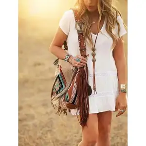 2024 Western Folk Style Personalized Large Capacity Retro Aztec Colors Hand Woven Bag Whisker Cotton Linen Shoulder Bags