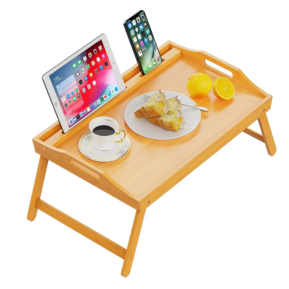 食事用ベッドテーブルトレイとラップトップ折りたたみ式脚付き大型竹トレイ電話タブレットスロットホルダー & 取り外し可能なデザイン