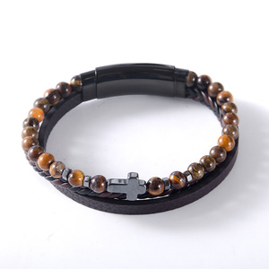 Bracelet en pierre naturelle tressé avec perles, œil de tigre, cuir multicouche, croix, unisexe, cadeau, bijoux, 7,5 8,5 9 pouces - Product Image 3