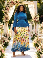 Ensemble 2 Pièces Élégant et Décontracté pour Femme Grande Taille : Haut Uni à Manches Évasées et Jupe Plissée à Imprimé Floral – Vente en Gros