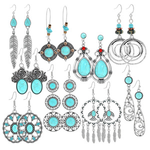 Boucles d'oreilles pendantes tendance pour femmes, style bohème, géométriques, en alliage, plaqué argent antique, avec turquoise, ensemble de bijoux - Product Image 5