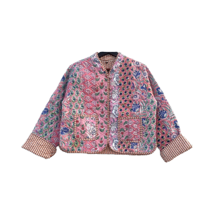 Chaqueta Bohemia acolchada de algodón 100%, diseño Reversible hecho a mano, retazos blancos, rayas estampadas, botón de soporte, bolsillos delanteros abiertos para - Product Image 1