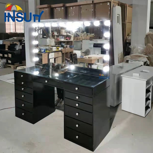 Black/white Modern Make up Vanity Table Glass Top Dressing Desk with Mirror&lights Vanity Desks for Sale