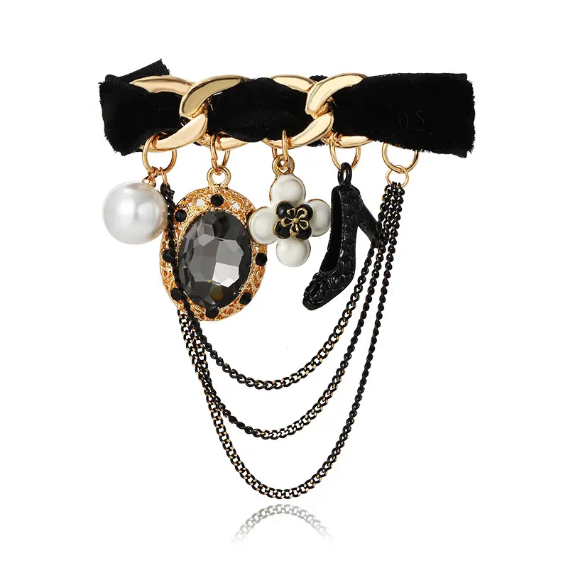 C & J Exquisite Luxus Französisch Stil Perlenkette High Heels Mit Quasten Strass Pin Modeschmuck Broschen Für Frauen