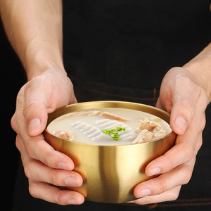 韓国スタイル304ステンレス鋼ゴールドボウルライスボウル2層火傷防止スープボウル - Product Image 3