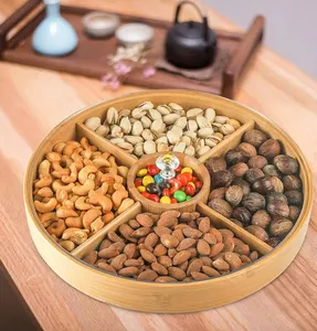 Hot Selling 5 Divider Compartment Dry Fruit Nuts Candy Food Storage Plate Bamboo Snack Serving Tray