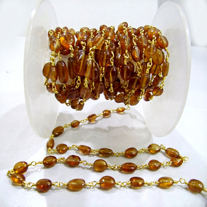 Natural Hessonite Garnet 6-9mm Oval Yellow Brass Beaded <b>Rosary</b> Chain - Product Image 1