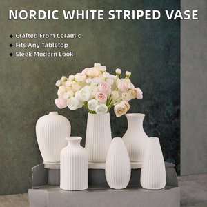 Vase de table en céramique rayé blanc style nordique, pour fleurs séchées, résistant aux rayures, cuit à haute température (1300 degrés), glaçure opaque - Product Image 2