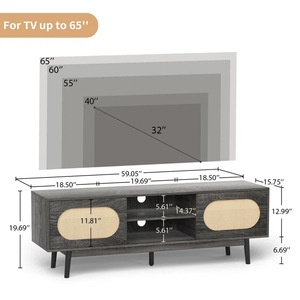 Mueble de TV telescópico simple de ratán y madera maciza y mesa de centro combinada, mueble de TV con almacenamiento para sala de estar, negro, claro - Product Image 3