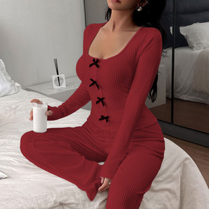 Pull en tricot épais à nœud pour femmes, style européen et américain, automne-hiver, décontracté, manches longues, pantalon long, chemises de nuit personnalisables - Product Image 3