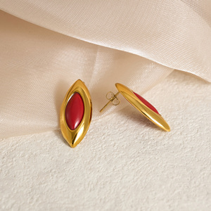 Nuovi orecchini VINTAGE ovali in pietra naturale rosso sottile Dazan NEW Ins Trendy 18k Pvd in oro placcato oro in acciaio inossidabile per attori gioielli - Product Image 6