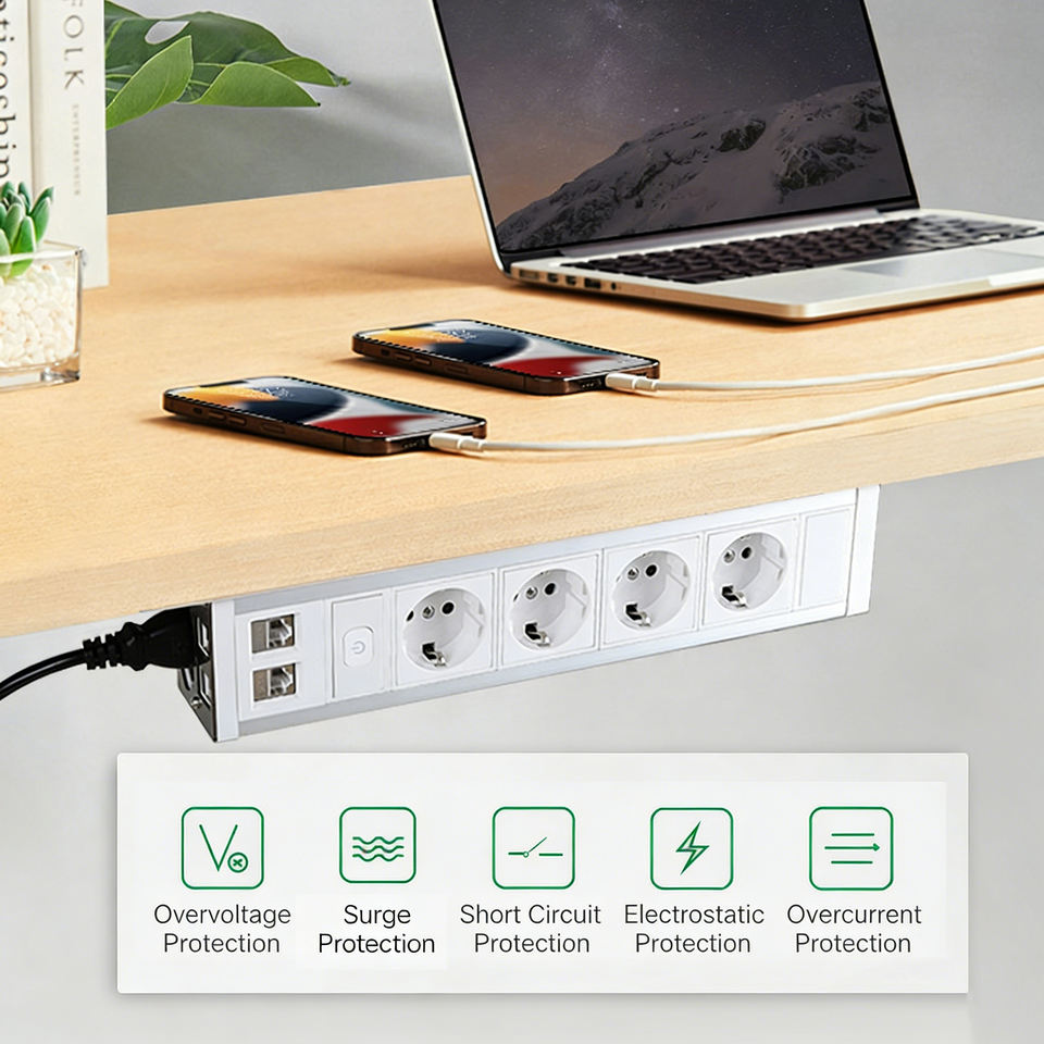 4-Way Schuko Socket PDU with 2x RJ45 Ports, Desk/Cabinet Mount Power ...