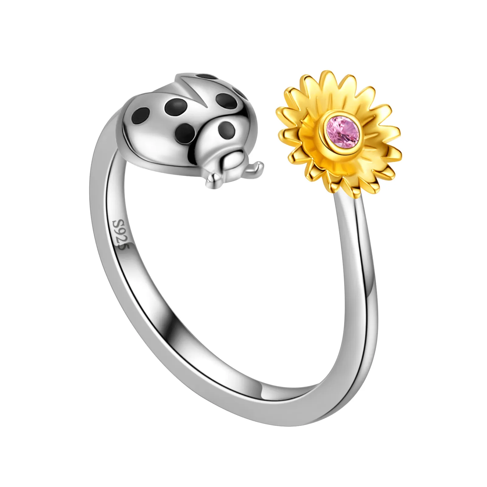 White Gold Plated 925 Sterling Silver Ladybird Sunflower Open Ring Jewelry Woman Casual Crystal Rings For Ladies