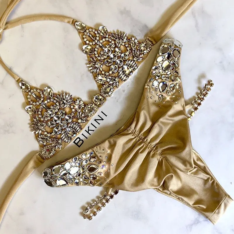 Maillot de bain deux pièces brillant, mode brésilienne, rembourré, pour femmes