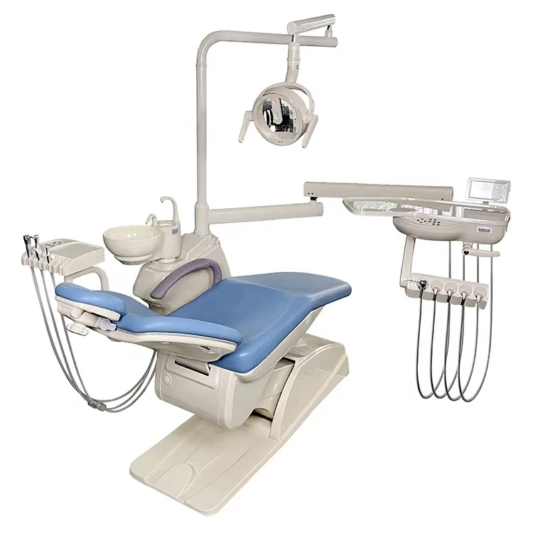 Equipo dental de larga garantía, silla de unidad dental con buen precio, escupidera giratoria, luz con sensor LED