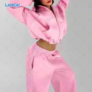 Ensemble deux pièces personnalisé pour femme, rose uni, coupe oversize, respirant, avec veste courte à capuche zippée et pantalon de cheville, style décontracté et sportif - Product Image 2