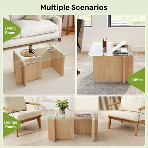 Modern Glass Top Coffee Table with Solid Wood Base Eco-Friendly & Durable for Apartment Living Room - Product Image 5