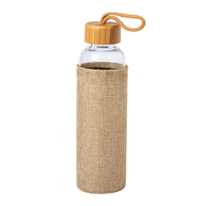 Ecologische herbruikbare borosilicaat glazen waterfles, BPA-vrij, met bamboe deksel en jute hoesje - Product Image 2
