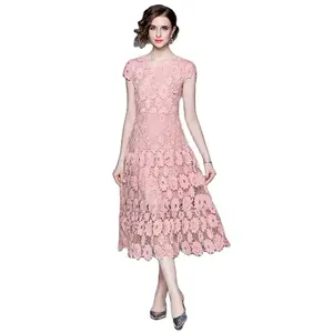 New Fashion High Quality Elegant Short Sleeve Crochet Long Pink Women's Lace Dresses