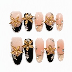 Faux ongles de luxe 3D sculptés, à pression, motif floral, perles et strass, couvrance totale pour doigts - Product Image 1