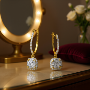 Orecchini di lusso con diamanti per donna, cerchio in oro giallo con diamanti naturali taglio brillante rotondo, gioielli da sposa, modello E1809 - Product Image 2