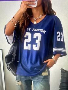 Camiseta de Verano de Alta Calidad, Estilo Hip-Hop Informal, Estampado Digital, Transpirable, Cuello en V, para Mujer, Poliéster Liso - Product Image 3