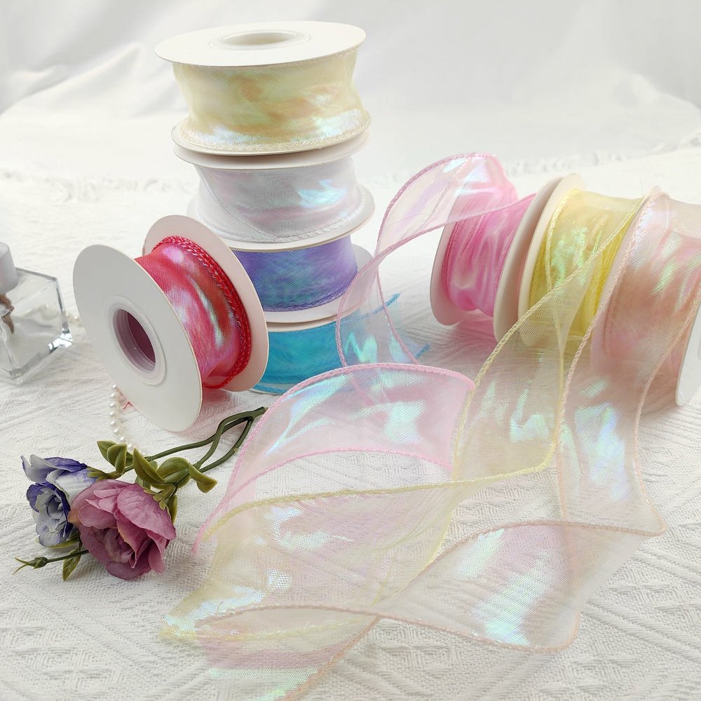 Hot Sale Custom Solid Color Sheer Chiffon Pink Silk Organza Ribbon for Wedding Gift Bouquets Wrapping