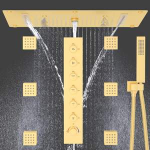 Sistema de ducha termostática de lluvia de alta presión de lujo, 7 manijas, válvula mezcladora de 6 vías, chorros de cuerpo de techo de lluvia de masaje único de latón - Product Image 6
