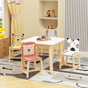 Ensemble de table et chaises en bois pour enfants, 5 pièces, avec design d'animaux de dessin animé, caractéristiques de sécurité, style moderne, pour l'école et l'hôtel (3-8 ans) - Product Image 4