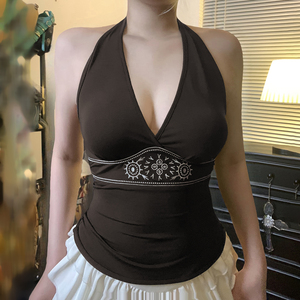 Vintage Embroidered V Neck Tank <b>Top</b> Women High <b>Waist</b> <b>Tie</b> Front A Line Sleeveless Blouse Slim Fit Elegant <b>Top</b> - Product Image 4