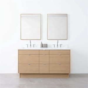 Tocador de baño moderno de madera Lavabo doble independiente Lavabo Tocador de baño en <span class=keywords><strong>roble</strong></span> <span class=keywords><strong>claro</strong></span> con parte superior de tocador de cuarzo blanco - Product Image 6
