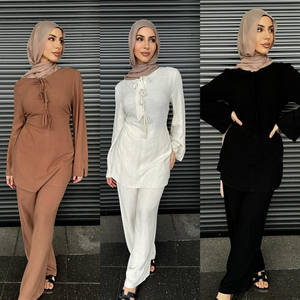 <span class=keywords><strong>2025</strong></span> अबाया 2 पीसी सेट मुस्लिम मामूली कपड़ों के प्राकृतिक लिनन कपास टाई बाया पैंट सूट के लिए महिला टॉप और पैंट सेट - Product Image 2