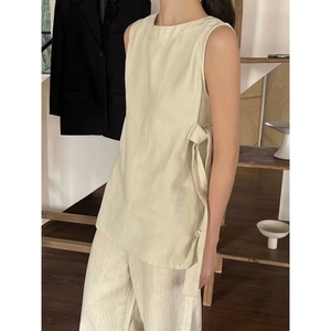 Débardeur d'été pour femme, col rond, design à nouer sur le côté, sans manches, tendance - Product Image 5