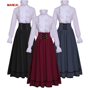 Conjunto de Vestido <span class=keywords><strong>Medieval</strong></span> Victoriano Renacentista para Mujer, Elegante Camisa y Falda de 2 Piezas, Disfraz Steampunk Gótico con Volantes para Fiesta - Product Image 1