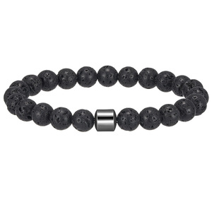 Bracelet en pierre naturelle, perles d'agate de 8mm, bande élastique, bijoux unisexes, cadeau, marron, blanc, noir, roche volcanique, forme de boule ronde - Product Image 3